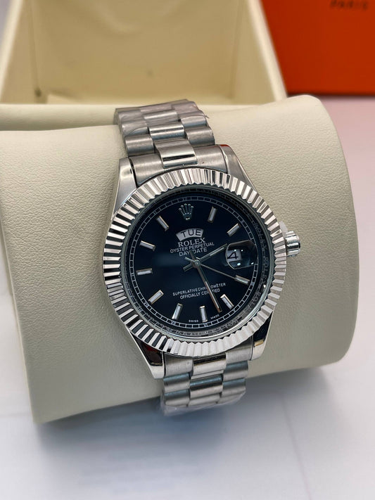 ROLEX DAY DATE  SILVER TABLEAU BLEU NOIR